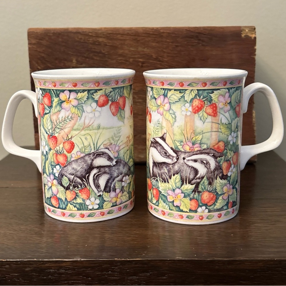 Royal Doulton Expressions Woodland Friends Two Mugs Badger Strawberries 1993